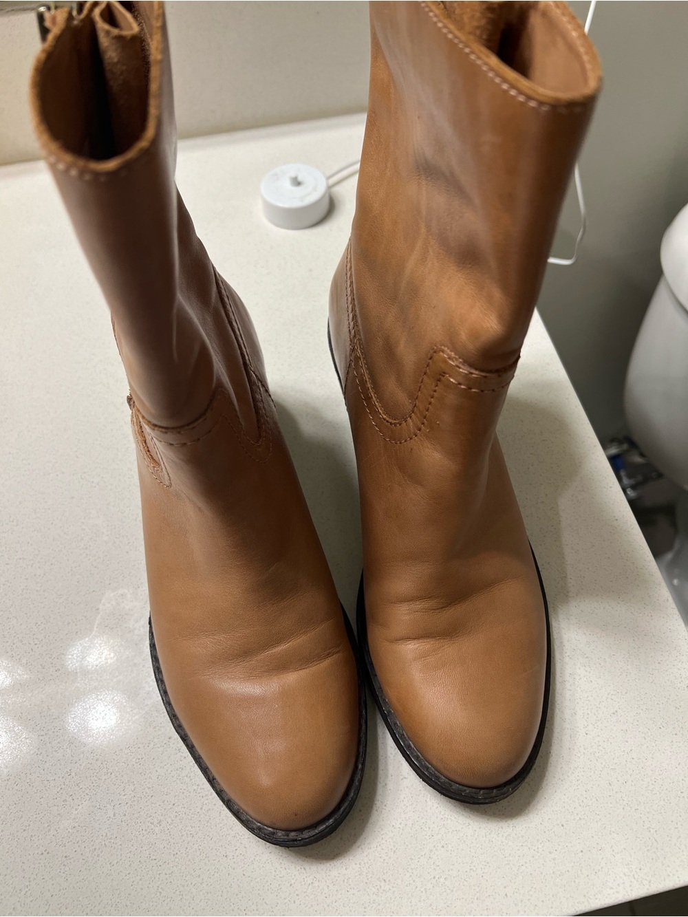 Lands' End Women's Cognac Leather Mid-Calf Heeled Boots